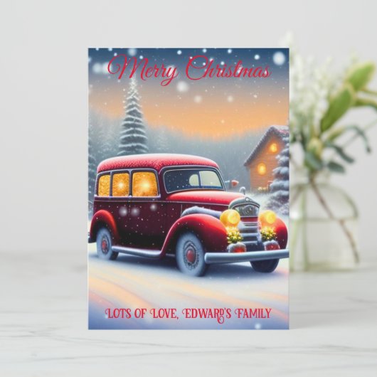 Vintager Stil Red Car Frohe Weihnachten (Stehend Vorderseite)