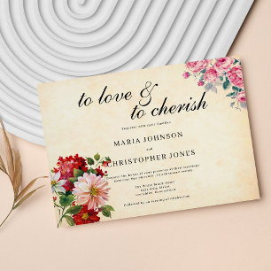 Vintager Stil Rosa Rote Flora Schwarzes Drehbuch H Einladung