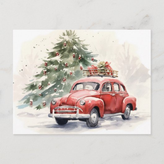 Vintager Stil Rote Auto und Weihnachtsbaumgrüße Postkarte (Vorderseite)