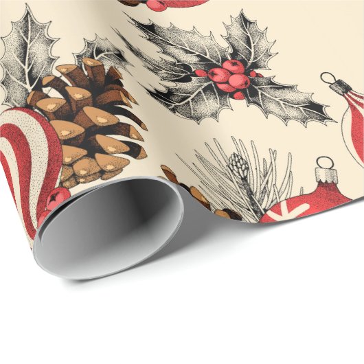 Vintager Stil Rote Weihnachtsschmuck Rustikal Geschenkpapier (Rolleneckpunkt)