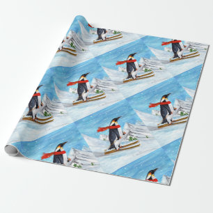 Vintager Stilpinguin Skifahren Geschenkpapier