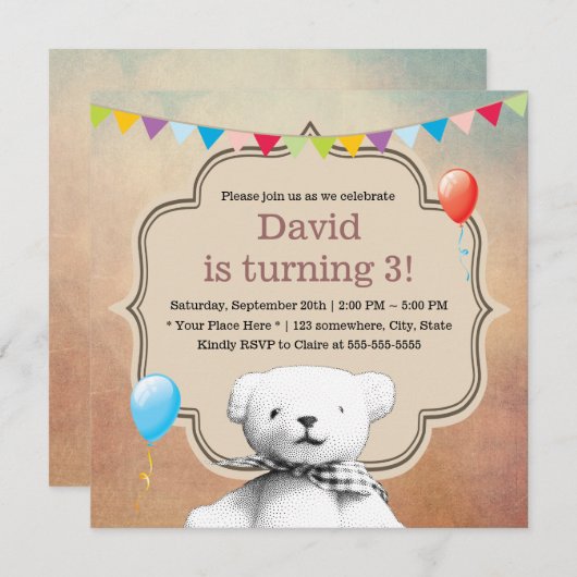 Vintager Stippel Teddy Bear Geburtstag Einladung (Vorne/Hinten)