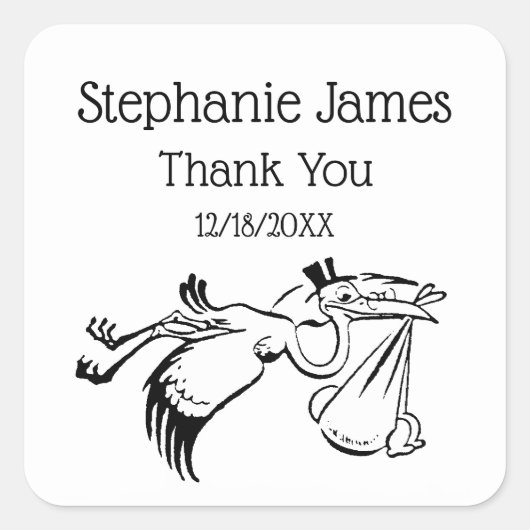 Vintager Storch für Baby #1 Quadratischer Aufkleber (Vorderseite)