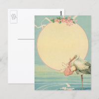 Vintager Storch mit Baby Girl in rosa Blanket