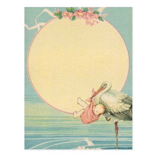 Vintager Storch mit Baby-Mädchen in der rosa Decke Postkarte