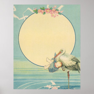 Vintager Stork Carry Baby Boy in Blue Blanket Poster