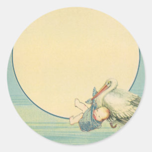 Vintager Stork Carry Baby Boy in Blue Blanket Runder Aufkleber