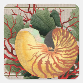 Vintager Strand Seashell & Red Coral Quadratischer Aufkleber