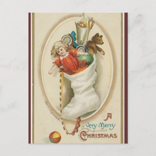 Vintager Strumpf Doll Teddy Bär Weihnachten Postkarte (Vorderseite)