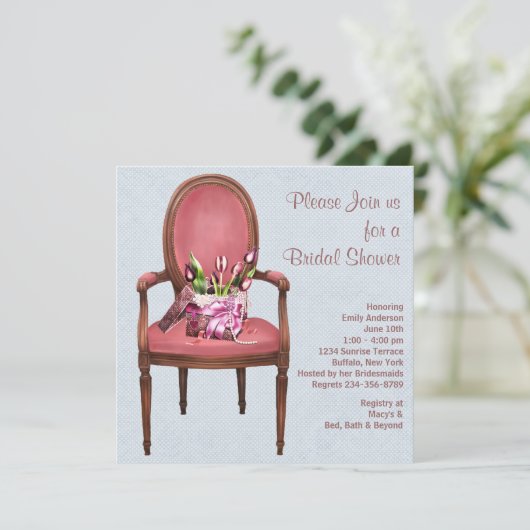 Vintager Stuhl Tulips Blaues Brautparty Einladung (Stehend Vorderseite)