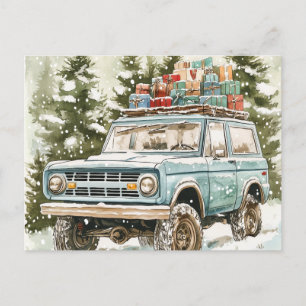 Vintager SUV mit Geschenken auf Top-Ornament Feiertagspostkarte