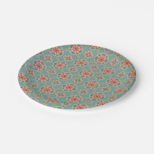 Vintager Tapetenpapier-Teller Rosa und Aqua Pappteller