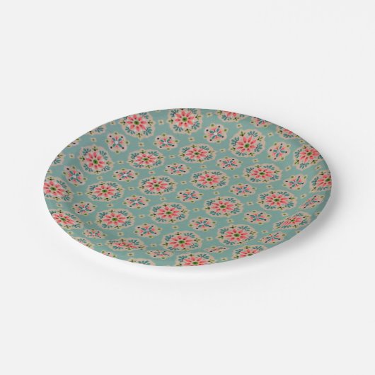 Vintager Tapetenpapier-Teller Rosa und Aqua Pappteller (Schrägansicht)