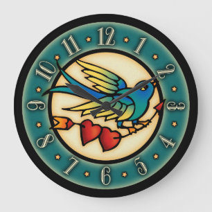 Vintager Tätowierungs-Vogel und Herzen Große Wanduhr