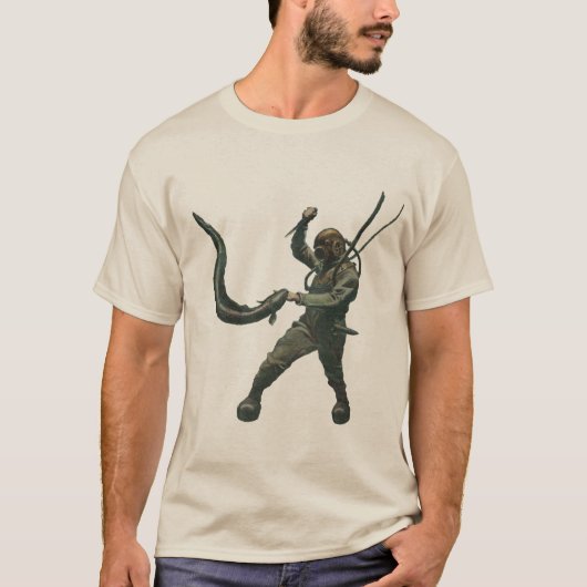 Vintager Taucher mit Tauchsturzhelm einen Aal T-Shirt (Vorderseite)