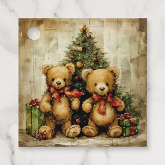 Vintager Teddybär und Weihnachtsbaum Geschenkanhänger (Vorderseite)
