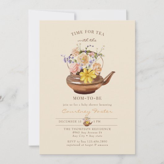 Vintager Tee | Aquarellblütendusche Einladung (Vorderseite)
