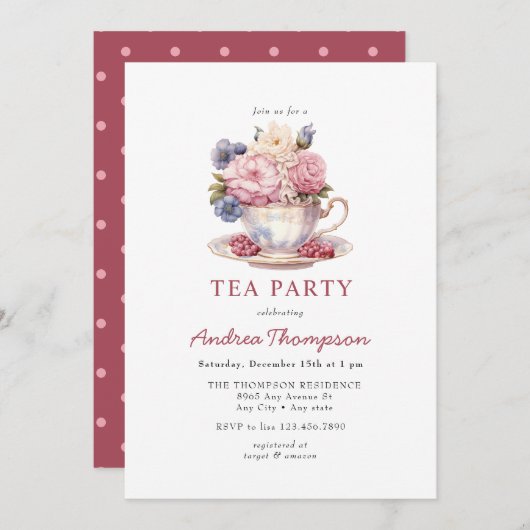 Vintager Tee | Blume Tee Party Einladung (Vorne/Hinten)