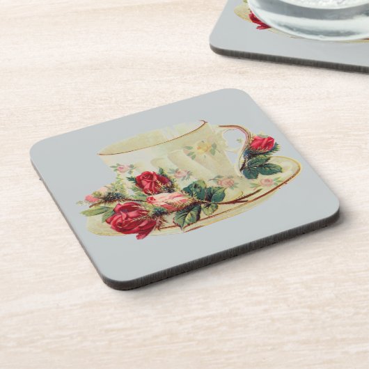 Vintager Teecup mit Rose Getränkeuntersetzer (Linke Seite)