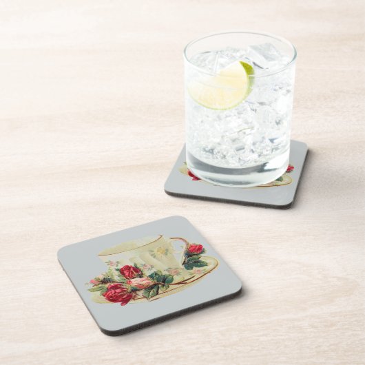 Vintager Teecup mit Rose Getränkeuntersetzer (Rechte Seite)