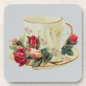 Vintager Teecup mit Rose Getränkeuntersetzer (Vorderseite)