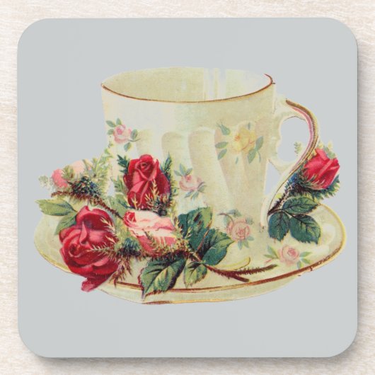 Vintager Teecup mit Rose Getränkeuntersetzer (Vorderseite)