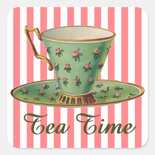 Vintager Teecup Quadratischer Aufkleber (Vorderseite)
