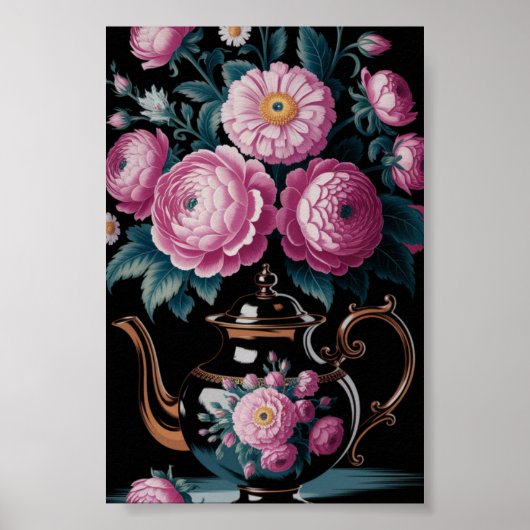 Vintager Teekessel und blühende Mauer Poster (Vorne)