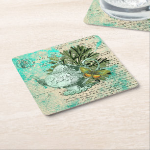 Vintager Teekessel und Ephemerollage Rechteckiger Pappuntersetzer