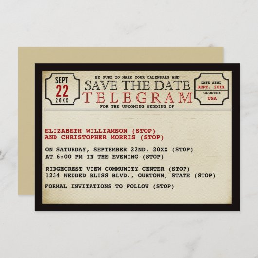 Vintager Telegrammstil Save the Date (Vorne/Hinten)