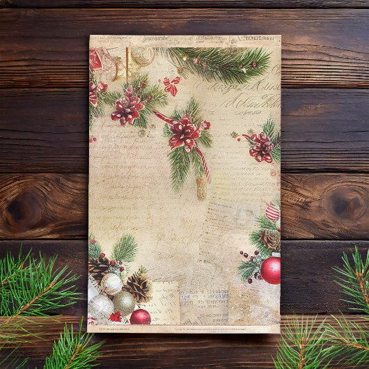 Vintager Text mit Weihnachtsbotanicals Decoupage Seidenpapier