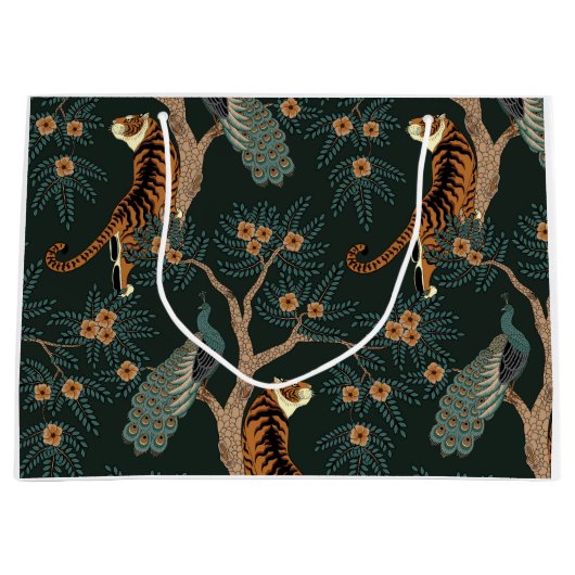 Vintager Tiger und Pfau Große Geschenktüte (Vorderseite)