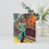 Vintager Top Hat Man und der Zug Postkarte (Stehend Vorderseite)