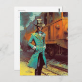 Vintager Top Hat Man und der Zug Postkarte (Vorne/Hinten)