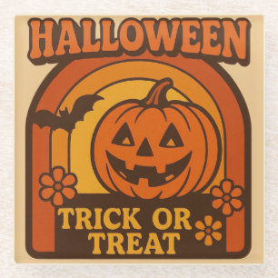 Vintager Trick oder Treat Halloween der 70er Jahre Glasuntersetzer