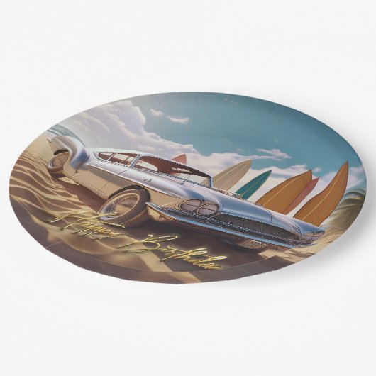 Vintager tropischer Strand Sportwagen Pappteller (Schrägansicht)