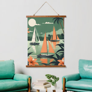 Vintager tropischer Strand und Segelboote Retro Wandteppich Mit Holzrahmen
