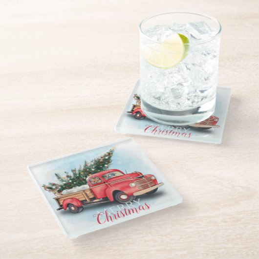 Vintager Truck Weihnachtsbaum Glasuntersetzer (Schrägansicht)