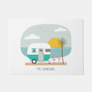 Vintager türkisfarbener Campingplatz Flamingos Fußmatte