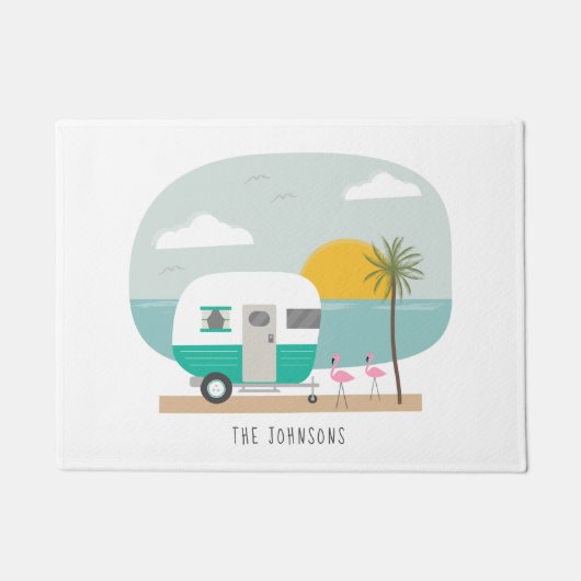 Vintager türkisfarbener Campingplatz Flamingos Fußmatte (Vorderseite)