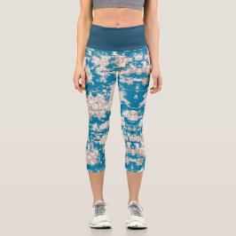 Vintager türkisfarbener Toile de jouy monogram Capri Leggings