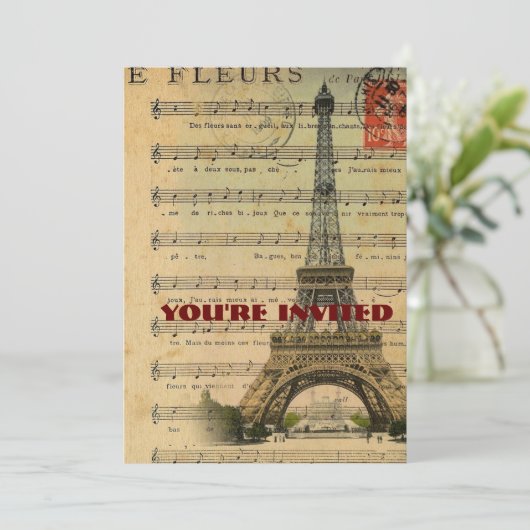 Vintager Turm Musiknotenfranzoseparis Eiffel Einladung (Stehend Vorderseite)