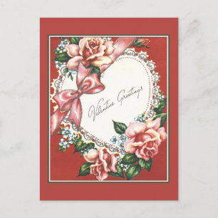 Vintager Valentine mit rosa Rosen-Bogen und Herzen Feiertagspostkarte