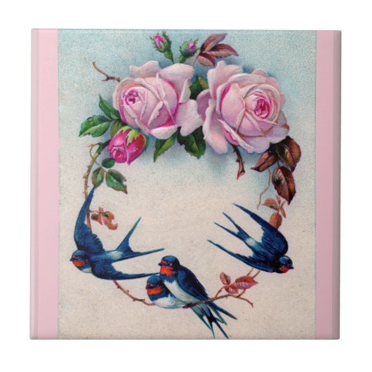Vintager Valentine mit Vögeln und Rosen Fliese (Vorderseite)