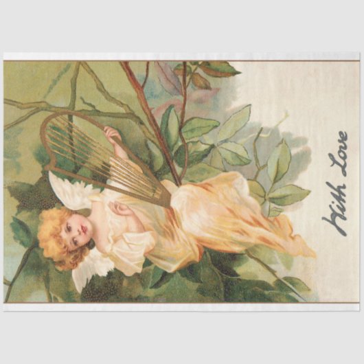 Vintager Valentinengel mit Goldener Harfe Seidenpapier (Vorderseite)