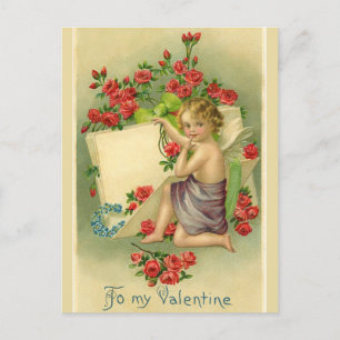 Vintager Valentinskirub umgeben von Rote Rosen Postkarte