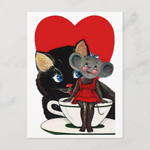 Vintager Valentinstag, Cat Mouse Tea Cup Herz Feiertagspostkarte