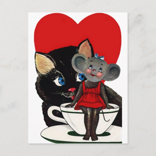Vintager Valentinstag, Cat Mouse Tea Cup Herz Postkarte (Vorderseite)