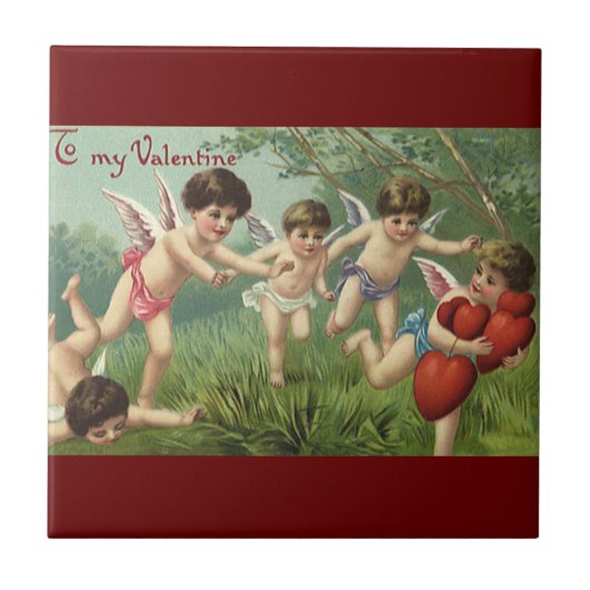 Vintager Valentinstag Cherubs mit Liebe Herz Fliese (Vorderseite)