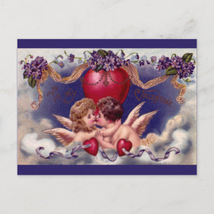 Vintager Valentinstag, Cherubs umarmen in Wolken Feiertagspostkarte